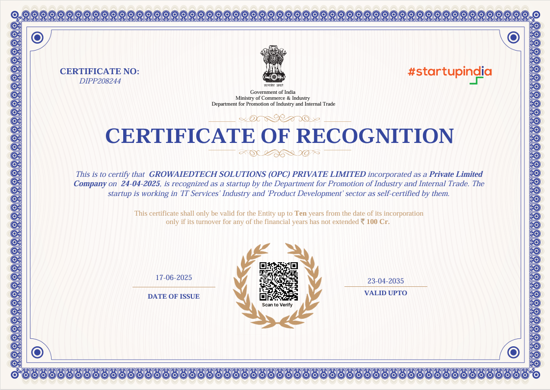 Startup India Recognition Certificate